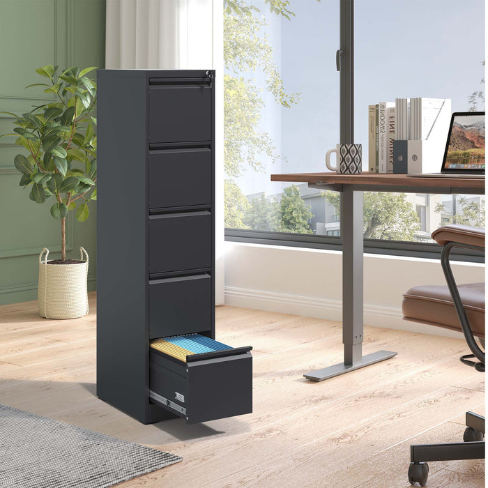 Giga steel vertical file cabinet with lock, designed for A4, legal, and letter-size documents, featuring multiple drawers.