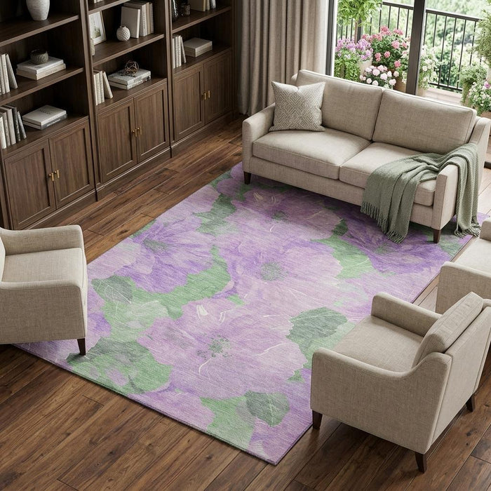 10' X 14' Floral Washable Area Rug With UV Protection (694322) - Lavender / Green