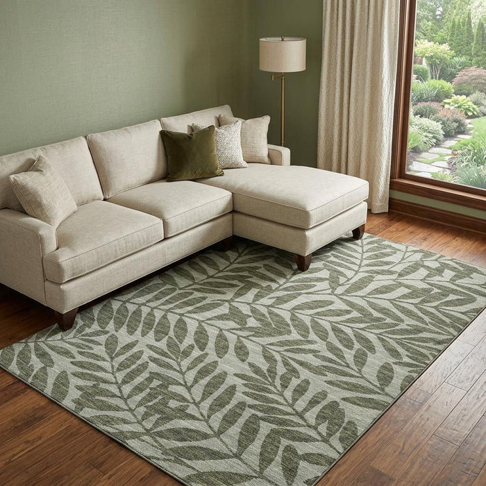 10' X 14' Botanical Leaves Washable Area Rug With UV Protection (644862) - Fern Green / Ivory