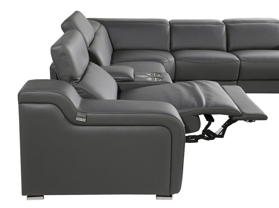 Italian Leather Power Reclining U-Shaped Eight Piece Corner Sectional With Console - Dark Gray