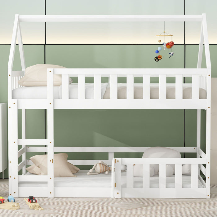 Giga twin over twin house bunk bed with safety fence and door, featuring a cozy design and sturdy wooden frame.