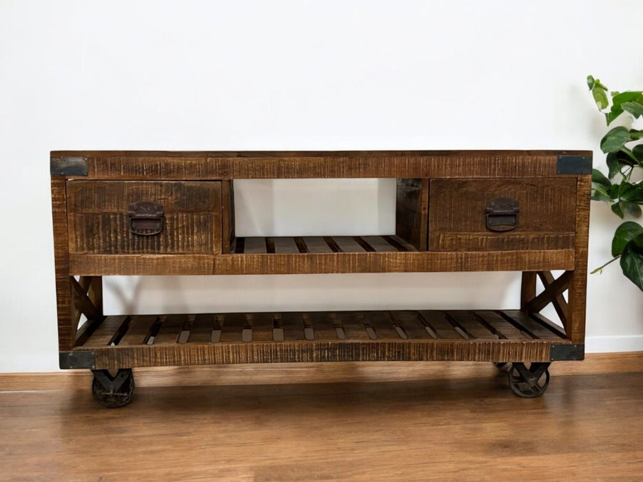 Solid Wood Distressed Wheel Console Table With Shelves And Drawers - Brown And Black