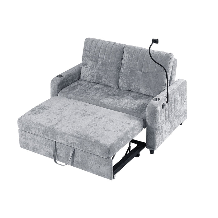 Giga modern loveseat pull-out sofa bed with adjustable backrest, two cup holders, phone holder, three charging ports, and side storage.