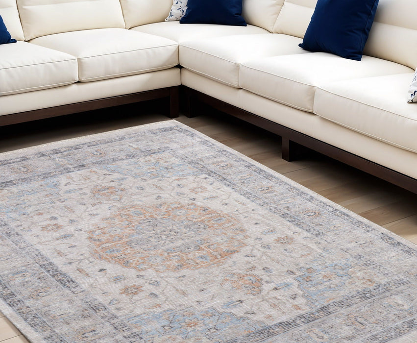 8' X 10' Oriental Hand Woven Distressed Area Rug With Fringe - Ivory