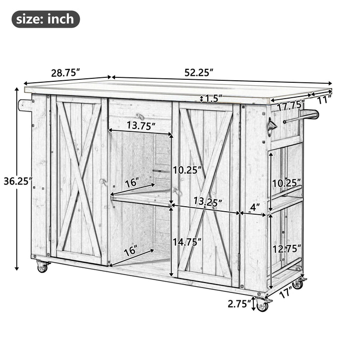 Giga outdoor kitchen island with stainless steel top, ample storage, towel and spice racks, and bottle opener for outdoor cooking.