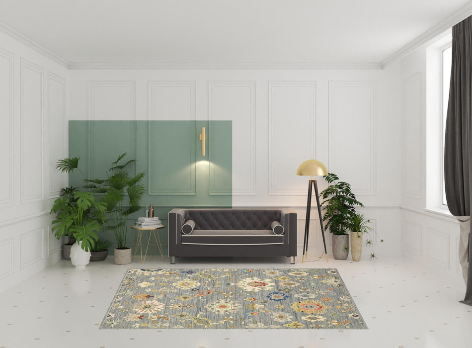 6' x 9' Oriental Power Loom Stain Resistant Area Rug With Fringe - Gray Ivory Gold Salmon Red Blue And Green