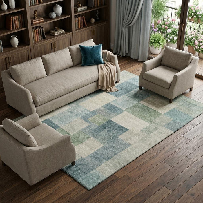 10' X 14' Geometric Washable Area Rug With UV Protection (692595) - Pale Aqua / Blue / Ivory