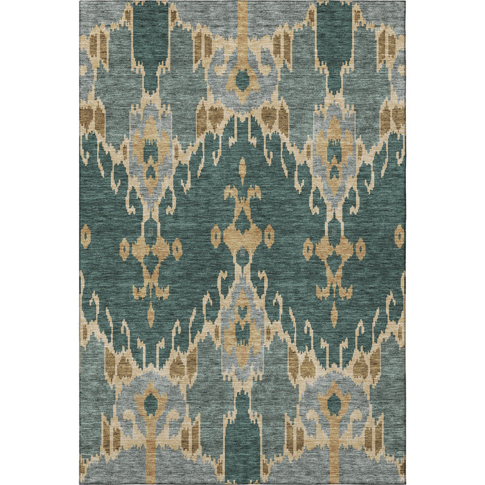 9' X 12' Ikat Washable Area Rug With UV Protection - Emerald
