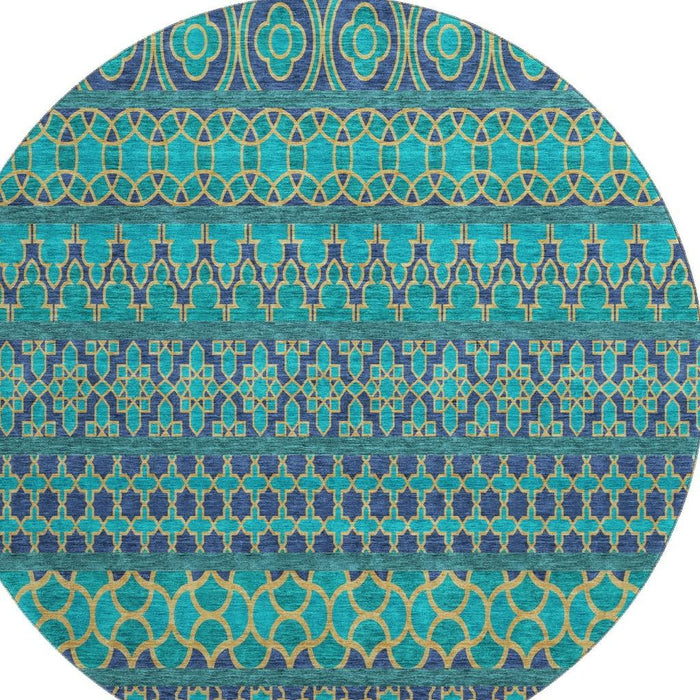 8' Ikat Washable Round Rug With UV Protection - Teal And Gold