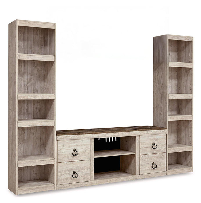 Signature Design by Ashley Willowton entertainment center with fireplace option, showcasing wood finish, open shelves, and media storage.