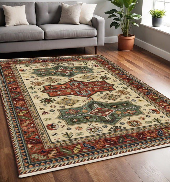 5' x 8' Oriental Power Loom Stain Resistant Area Rug With Fringe - Brick Red Orange Rust Beige Gold Pale Blue Olive Navy And Black