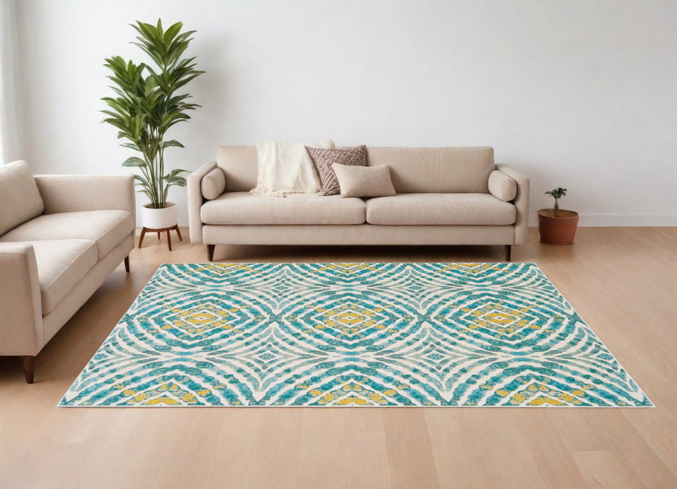 10' x 14' Abstract Power Loom Area Rug - Blue Ivory And Yellow