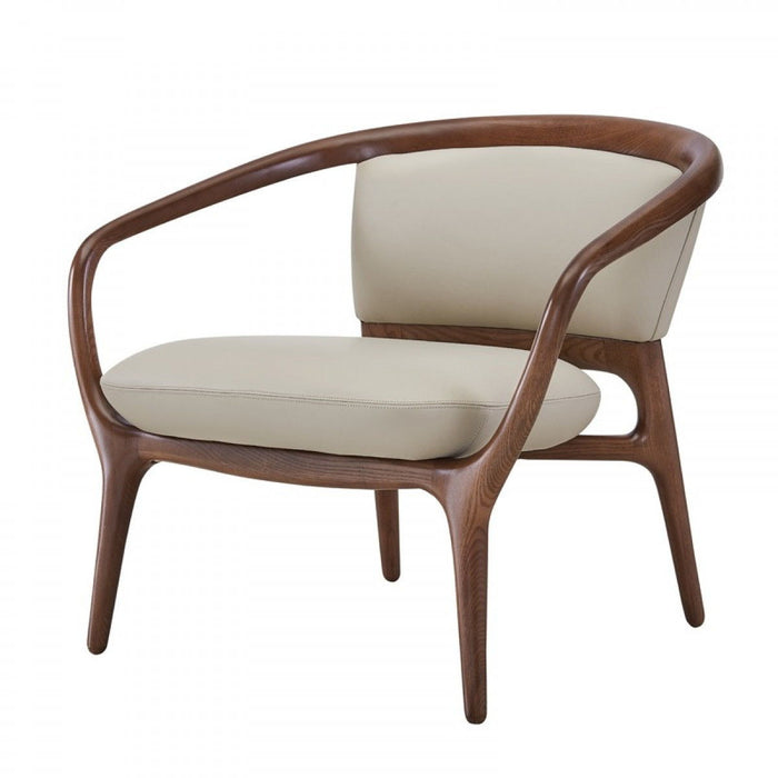 Faux Leather And Walnut Solid Color Lounge Chair - Beige