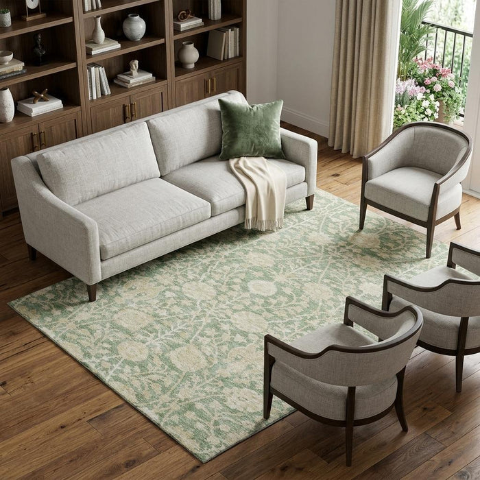 10' X 14' Floral Washable Area Rug With UV Protection (683998) - Artichoke Green / Beige