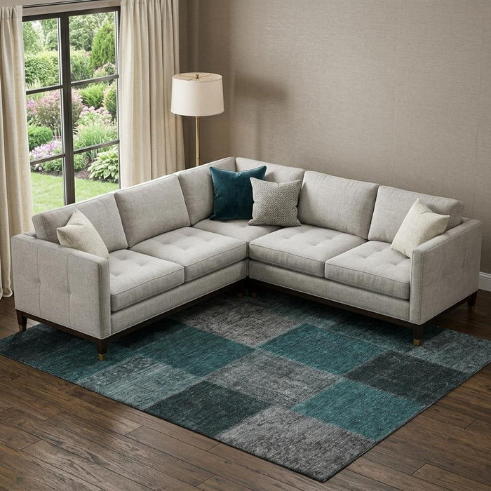 10' X 14' Patchwork Washable Area Rug With UV Protection (655210) - Teal / Gray