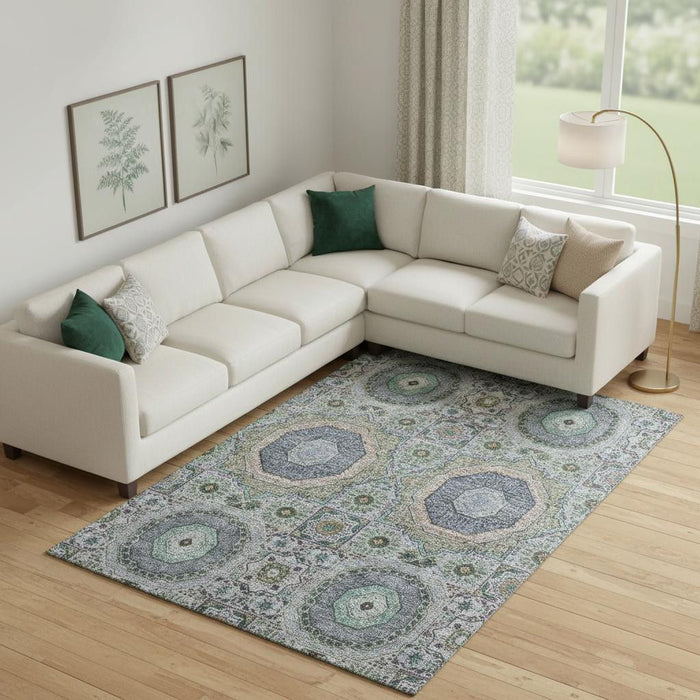 10' X 14' Medallion Washable Area Rug With UV Protection (708217) - Green / Blue / Gray