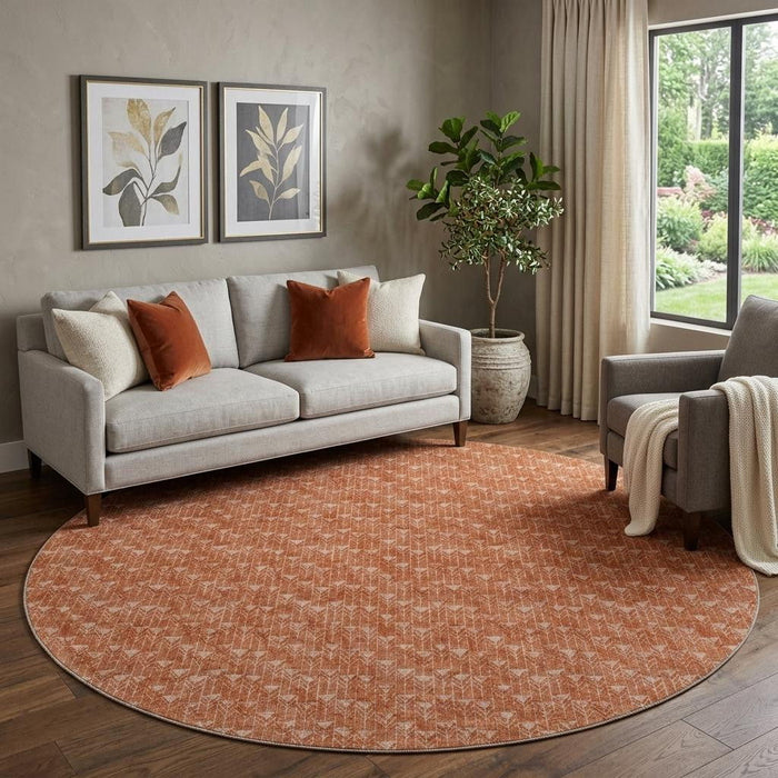 8' Geometric Washable Round Rug With UV Protection (647125) - Terra Cotta / Ivory