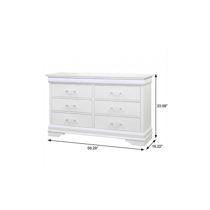 Solid Wood Six Drawer Double Dresser With Led - White