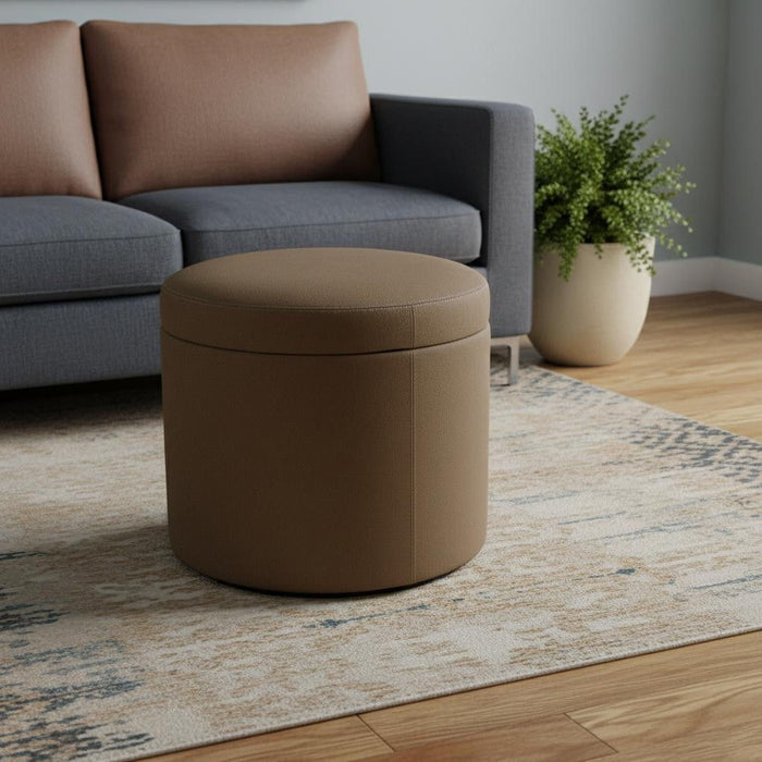 Faux Leather Round Storage Ottoman - Tan