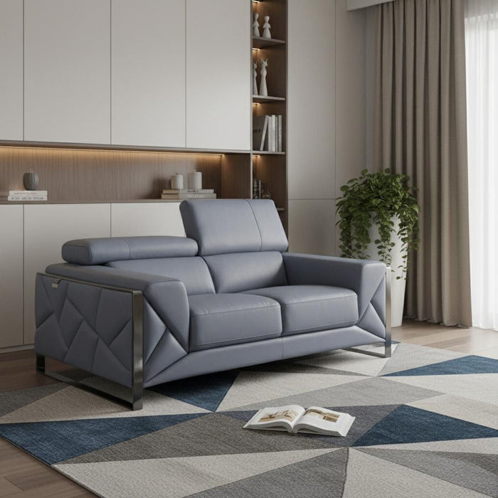 Italian Leather Loveseat - Light Blue / Black