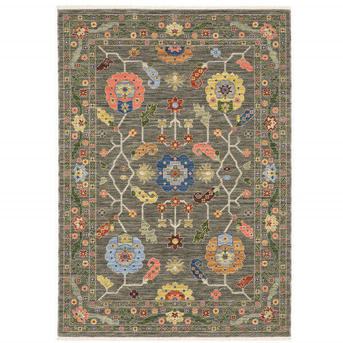 10' x 13' Oriental Power Loom Stain Resistant Area Rug With Fringe - Gray Blue Pink Orange Rust Red Green And Ivory