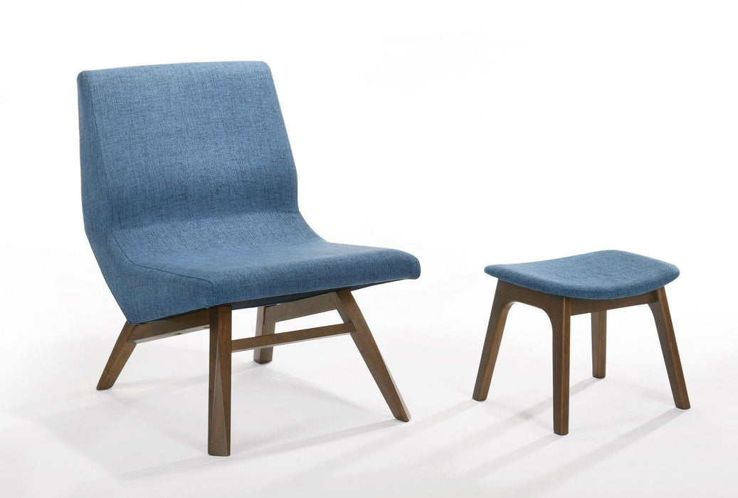 Solid Color Lounge Chair With Ottoman - Blue And Walnut