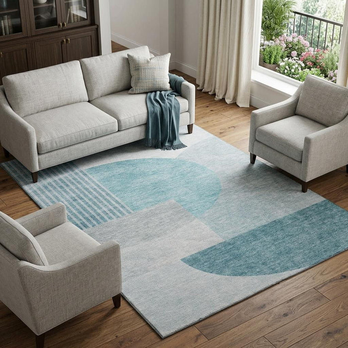 9' X 12' Geometric Washable Area Rug With UV Protection (655865) - Teal / Ivory