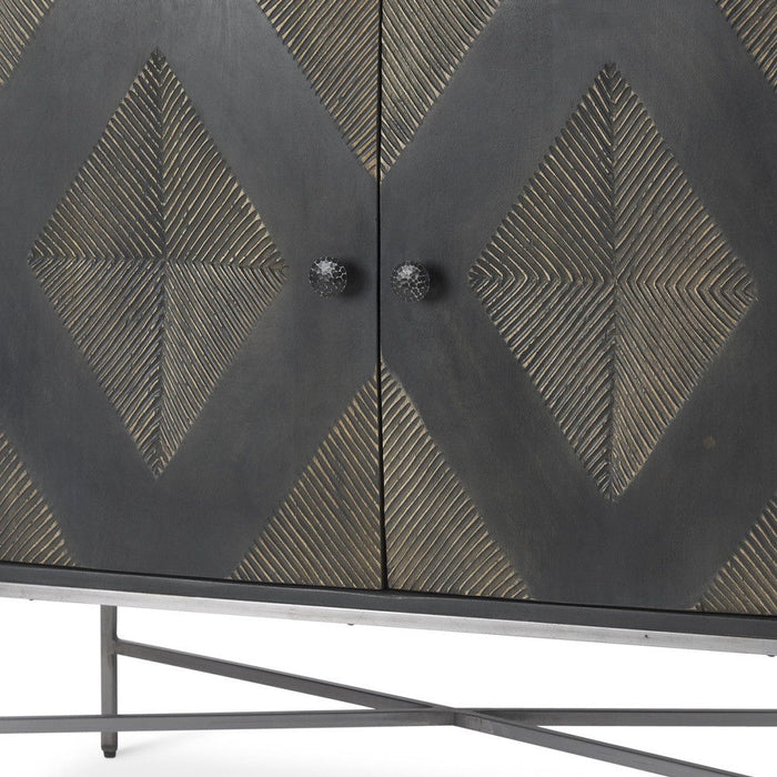 36" Solid Wood And Iron Carved Geometric Accent Cabinet With Two Doors - Dark Brown / Silver