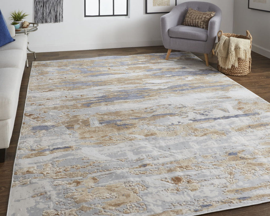 8' x 10' Abstract Power Loom Distressed Area Rug - Tan Orange And Ivory