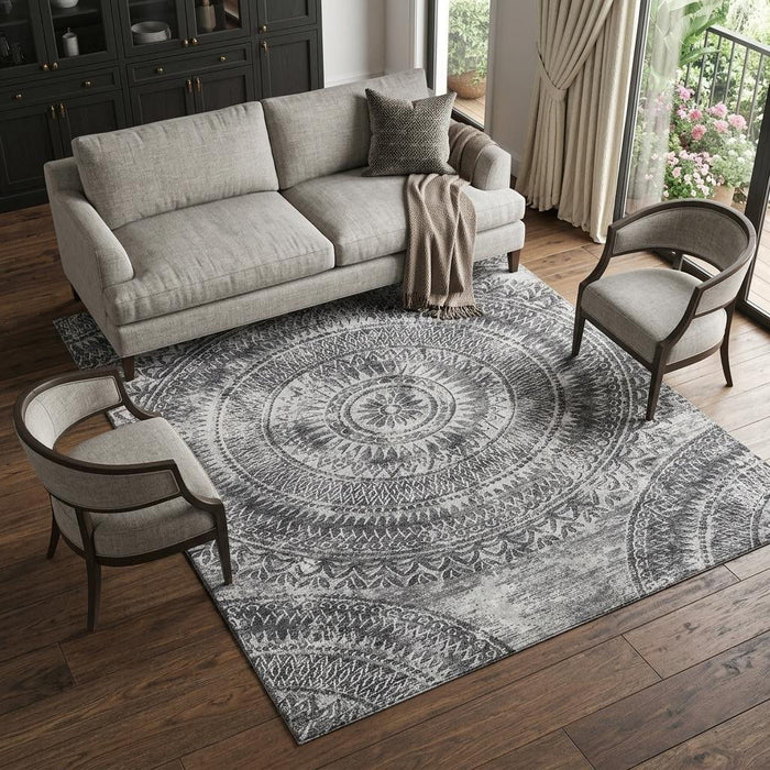 10' X 14' Medallion Washable Area Rug With UV Protection (644916) - Gray / Ivory