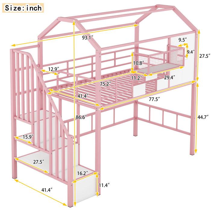 Giga metal loft bed with roof design, storage box, guardrails, and integrated ladder, ideal for compact bedroom spaces.