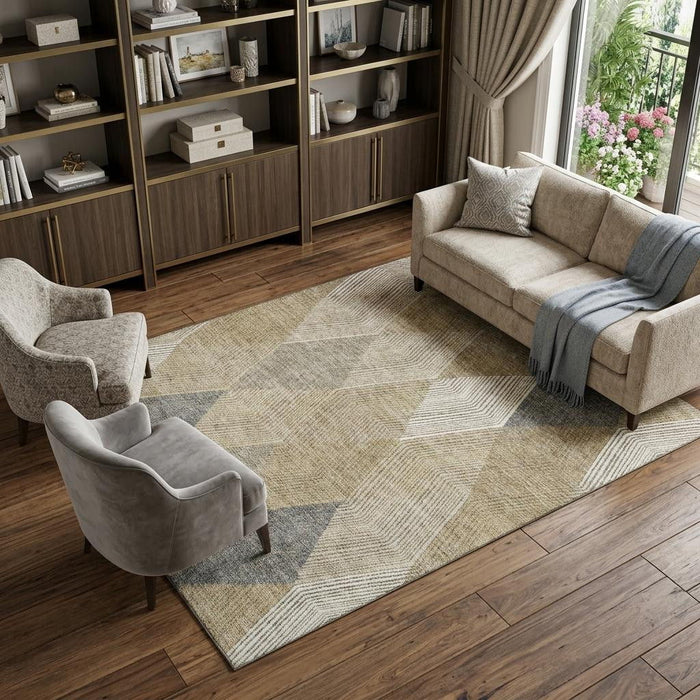 10' X 14' Geometric Washable Area Rug With UV Protection (676236) - Wheat / Beige / Gray