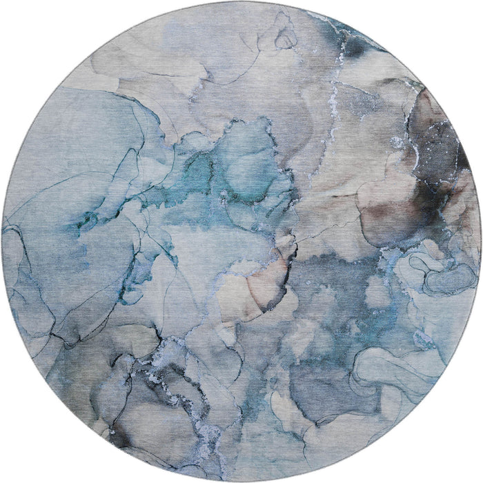8' Abstract Washable Round Rug With UV Protection (647293) - Blue / Gray / Ivory