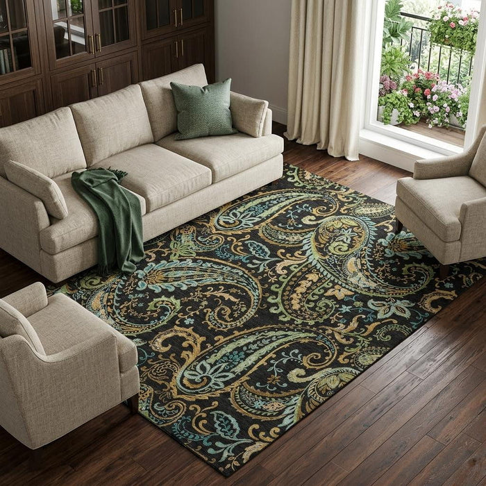 10' X 14' Paisley Washable Area Rug With UV Protection (647956) - Black / Blue / Green
