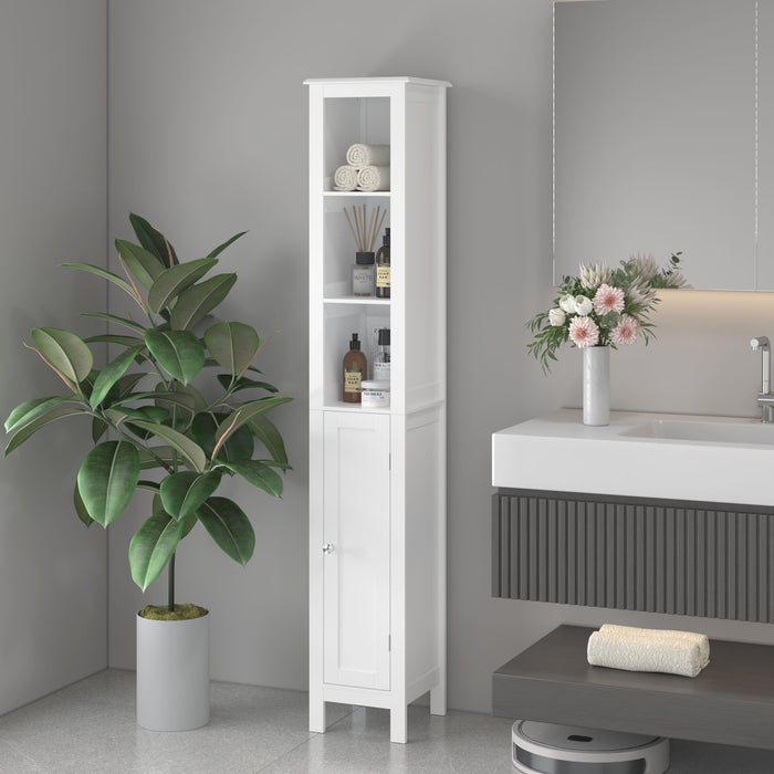 Giga white slim tall bathroom linen cabinet with adjustable shelves and anti-tip design, freestanding storage unit.