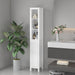 Giga white slim tall bathroom linen cabinet with adjustable shelves and anti-tip design, freestanding storage unit.