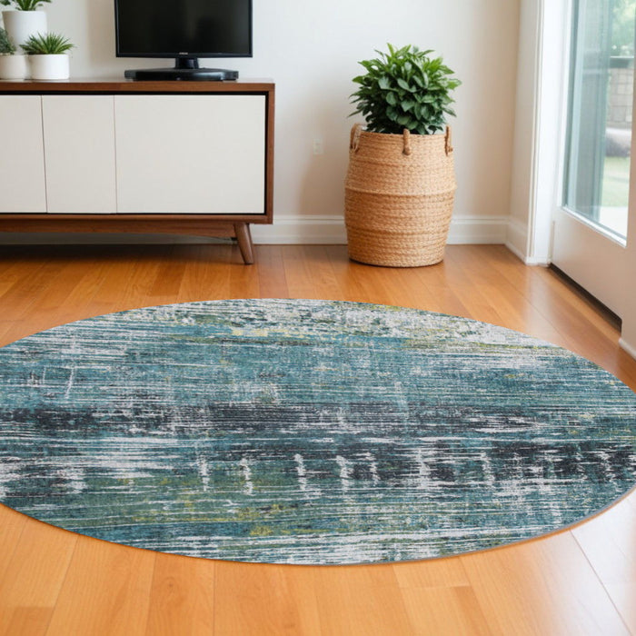 8' Round Abstract Non Skid Area Rug - Blue And Green