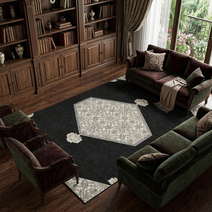 10' X 14' Oriental Washable Area Rug With UV Protection (679336) - Black / Ivory / Gold