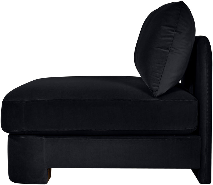 Meridian Furniture Hammond velvet performance fabric armless upholstered stationary chair with padded seat and modern design.