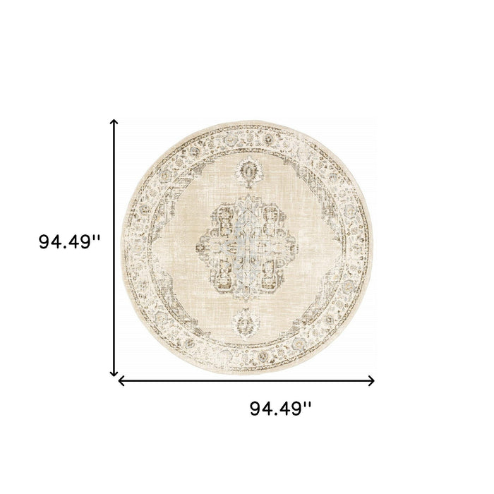 7.9' x 7.9' Round Oriental Power Loom Area Rug - Beige And Ivory