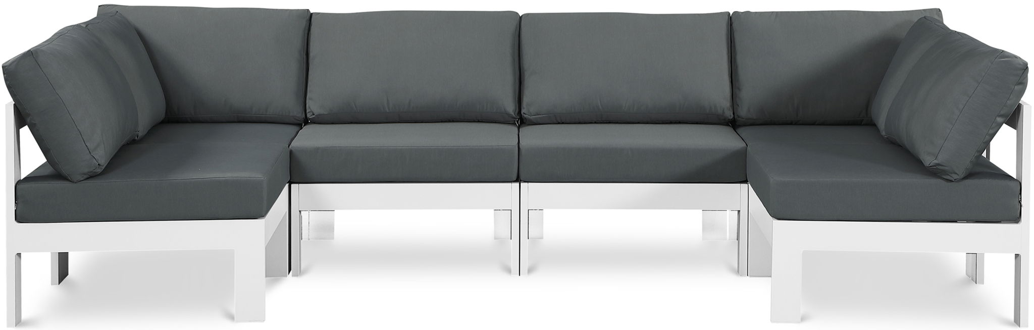Outdoor patio Nizuc Meridian Furniture 6-piece sectional with white frame, stationary sectional set for outdoor seating.