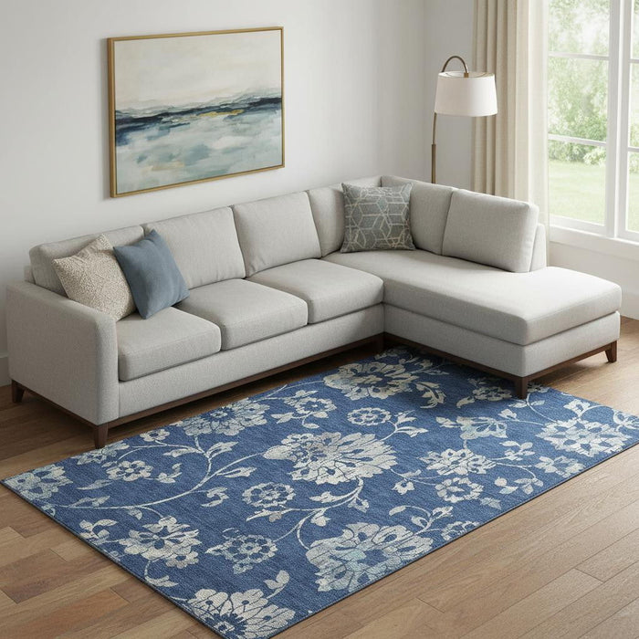 8' X 10' Floral Washable Area Rug With UV Protection (667925) - Navy Blue / Silver