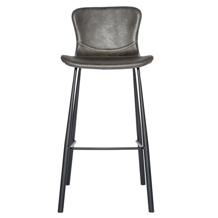 Set of two gray and black steel low-back bar height chairs by HomeRoots, with modern design and padded seats.