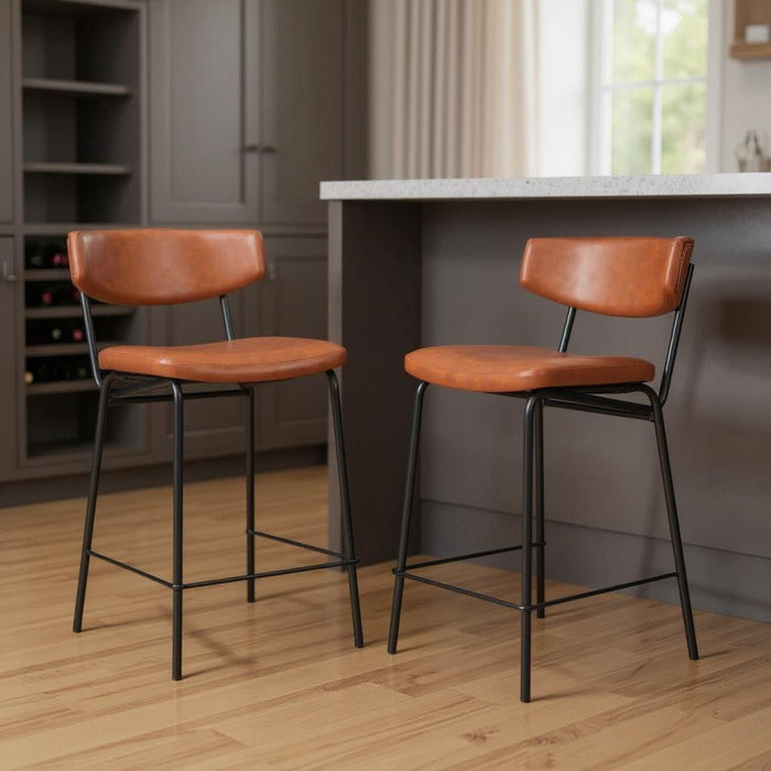 30" Faux Leather And Steel Low Back Bar Height Bar Chairs (Set of 2) - Brown / Black