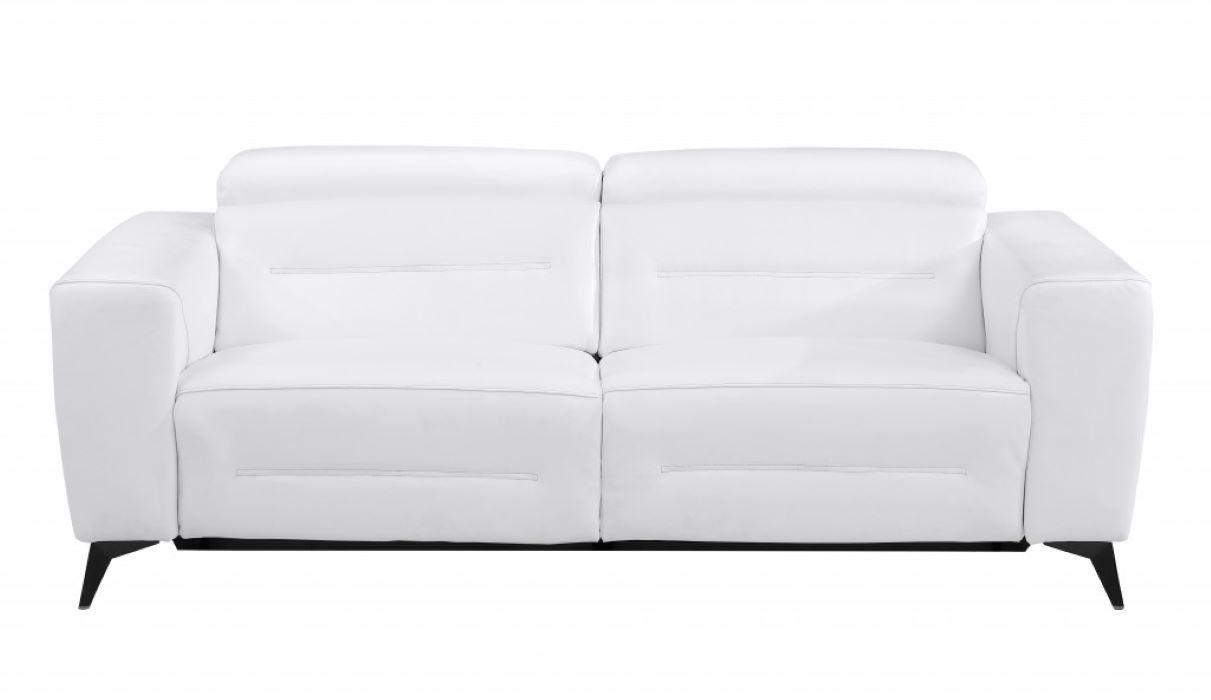 Italian Leather USB Reclining Sofa With Silver Legs - White