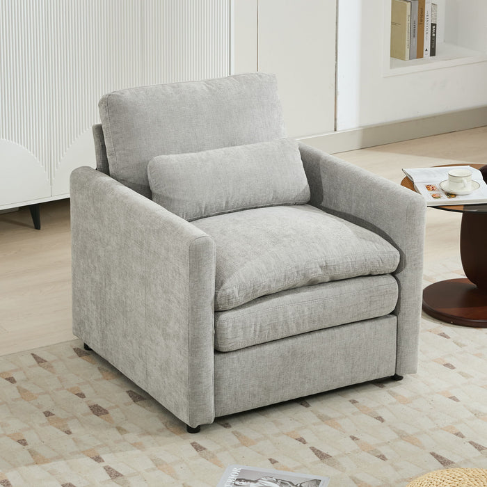 Giga cozy upholstered cushion armchair with plush fabric and wooden legs, ideal for living room relaxation and comfort.