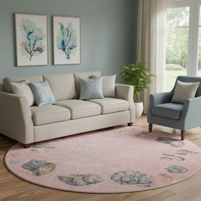 8' Geometric Washable Round Rug With UV Protection (646058) - Peach / Gray / Ivory