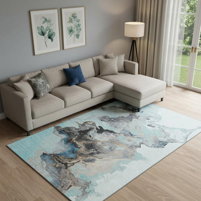 10' X 14' Abstract Washable Area Rug With UV Protection (697278) - Teal / Silver / Beige