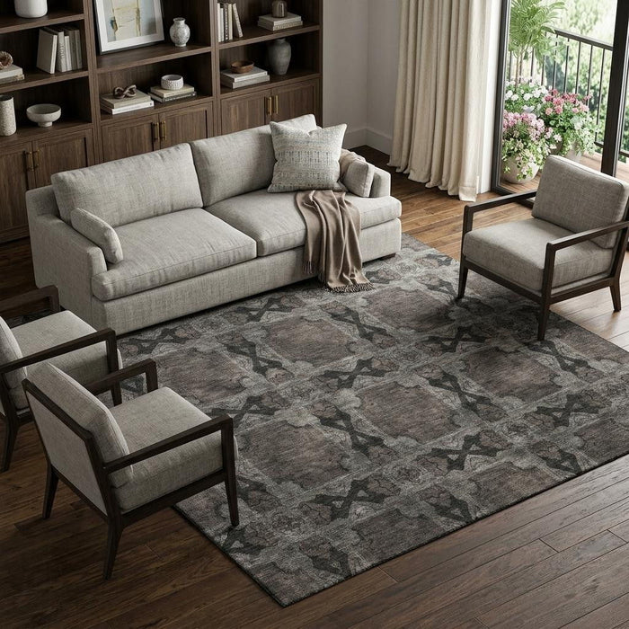 9' X 12' Floral Medallion Washable Area Rug With UV Protection (649485) - Gray / Charcoal