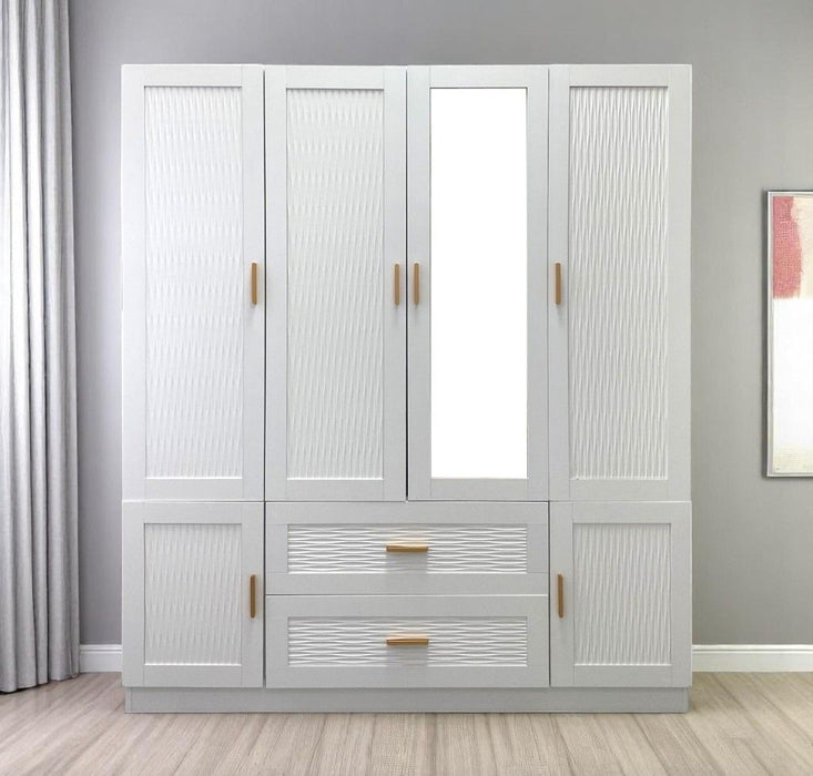 White 75-inch ribbed textured wood wardrobe with six doors and two drawers from HomeRoots, featuring sleek modern design.